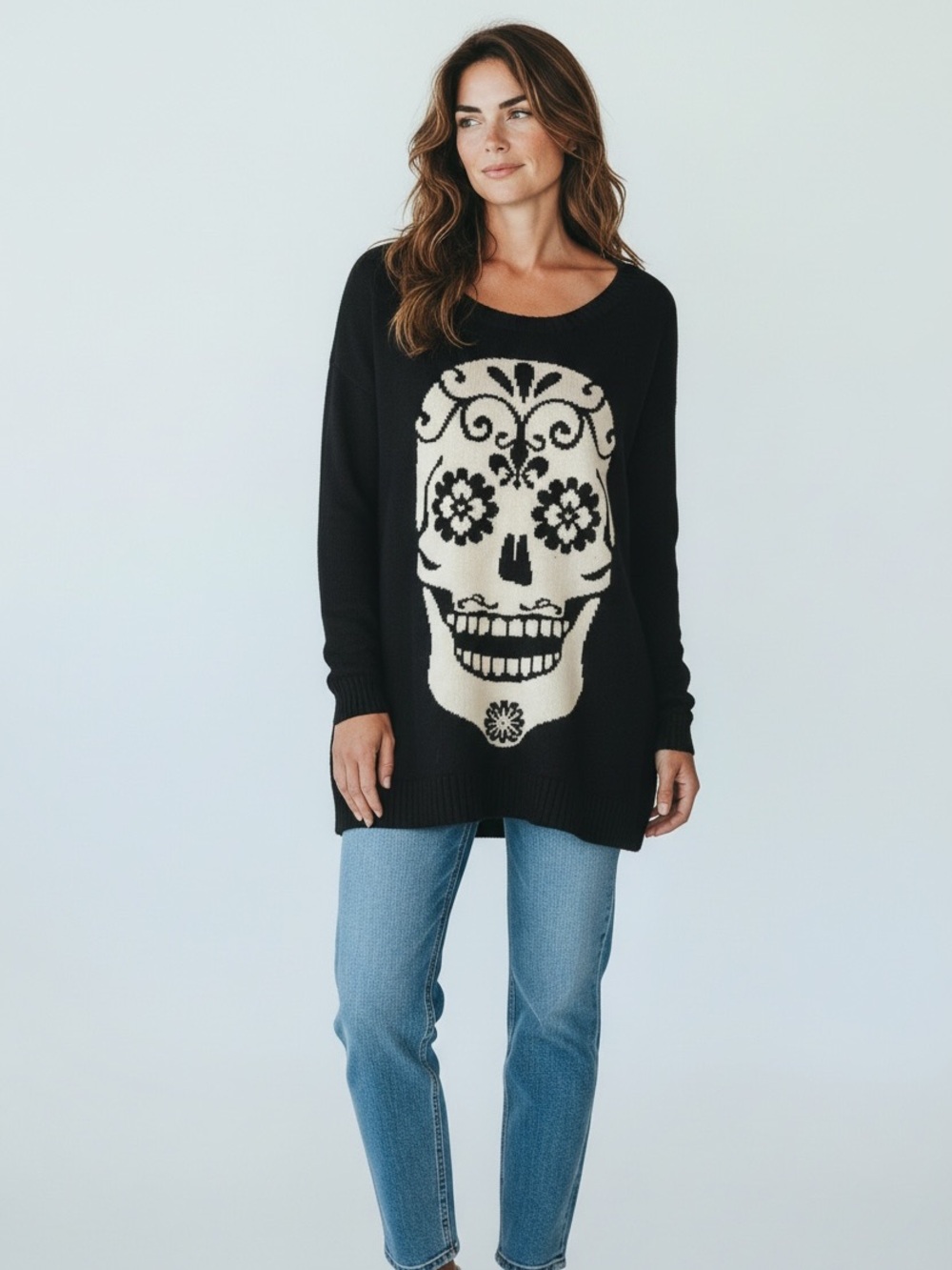 Vintage Betsey Johnson Black and Cream Sugar Skull Crewneck Sweater